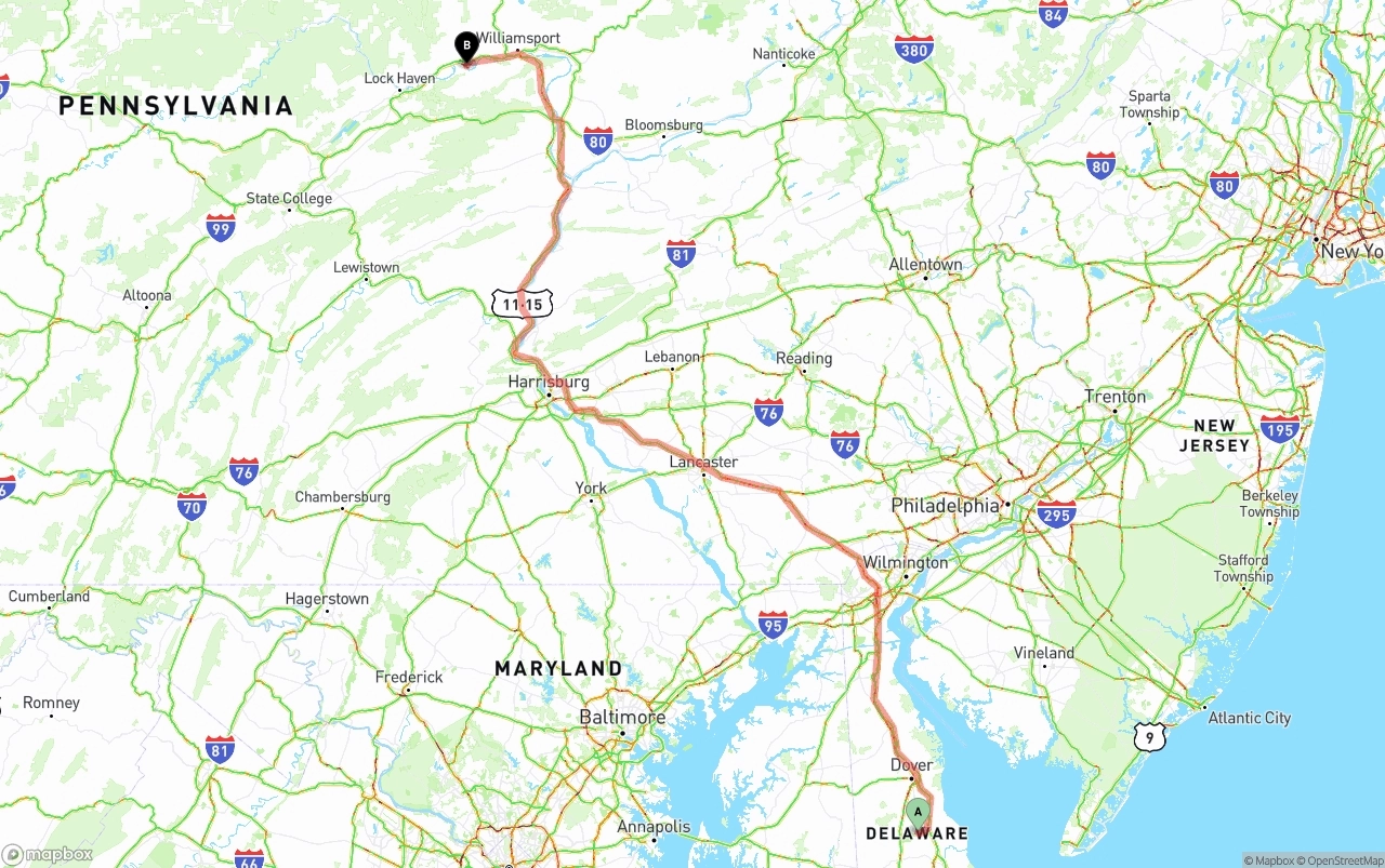 Shipping route from Delaware to Pennsylvania