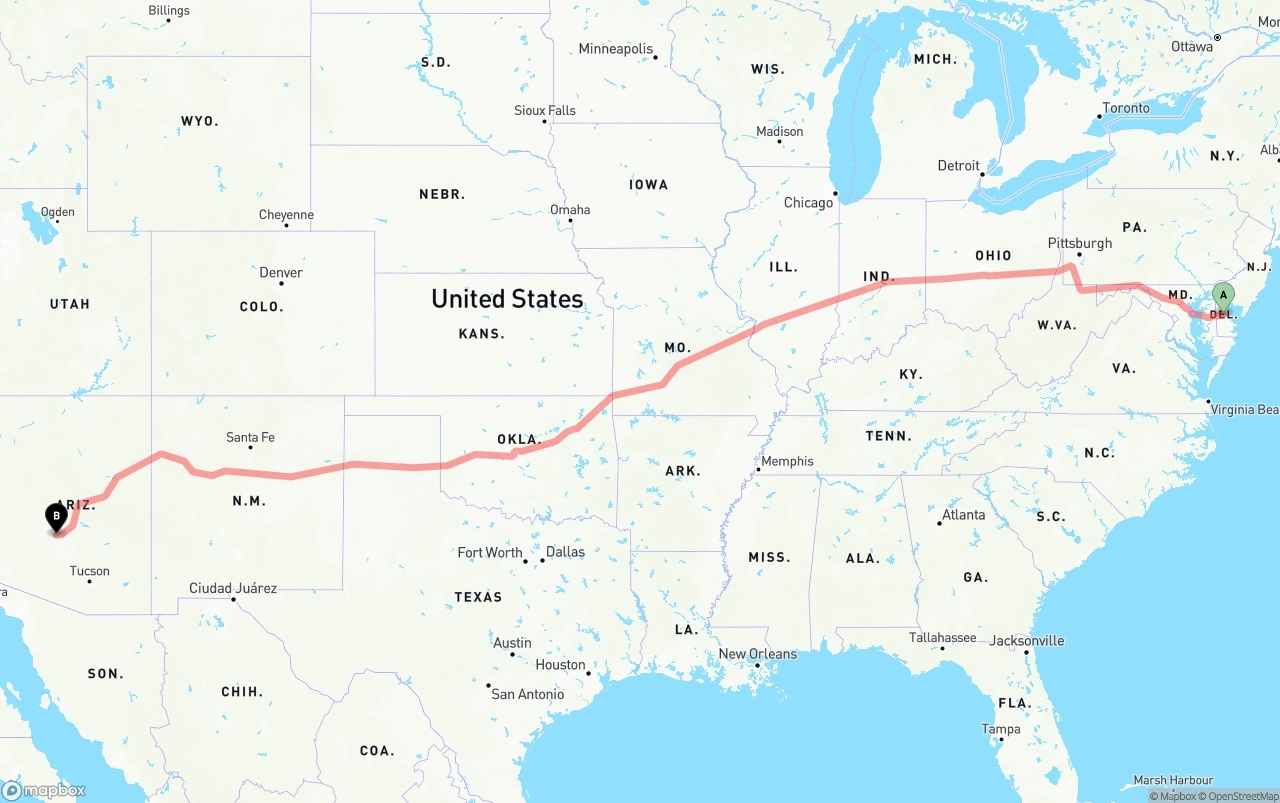 Shipping route from Delaware to Phoenix Sky Harbor International Airport