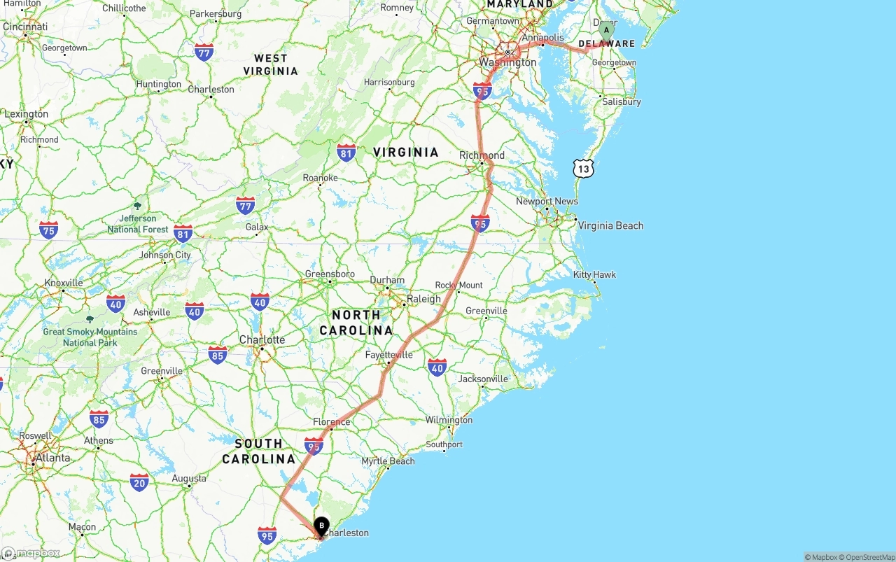 Shipping route from Delaware to Port of Charleston