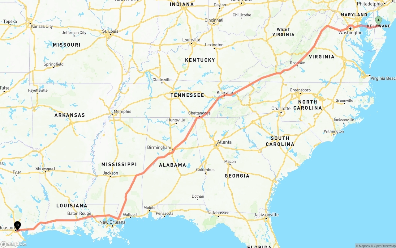 Shipping route from Delaware to Port of Houston