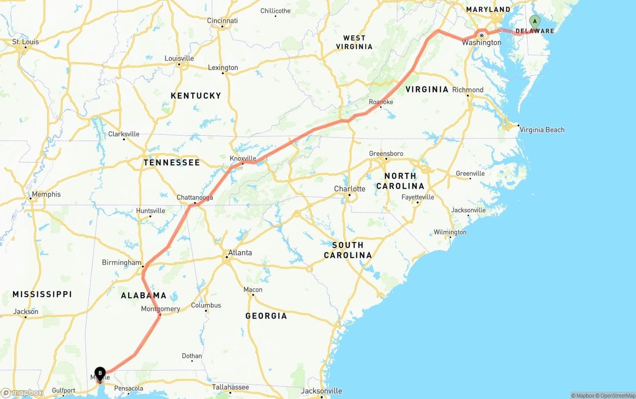 Shipping route from Delaware to Port of Mobile