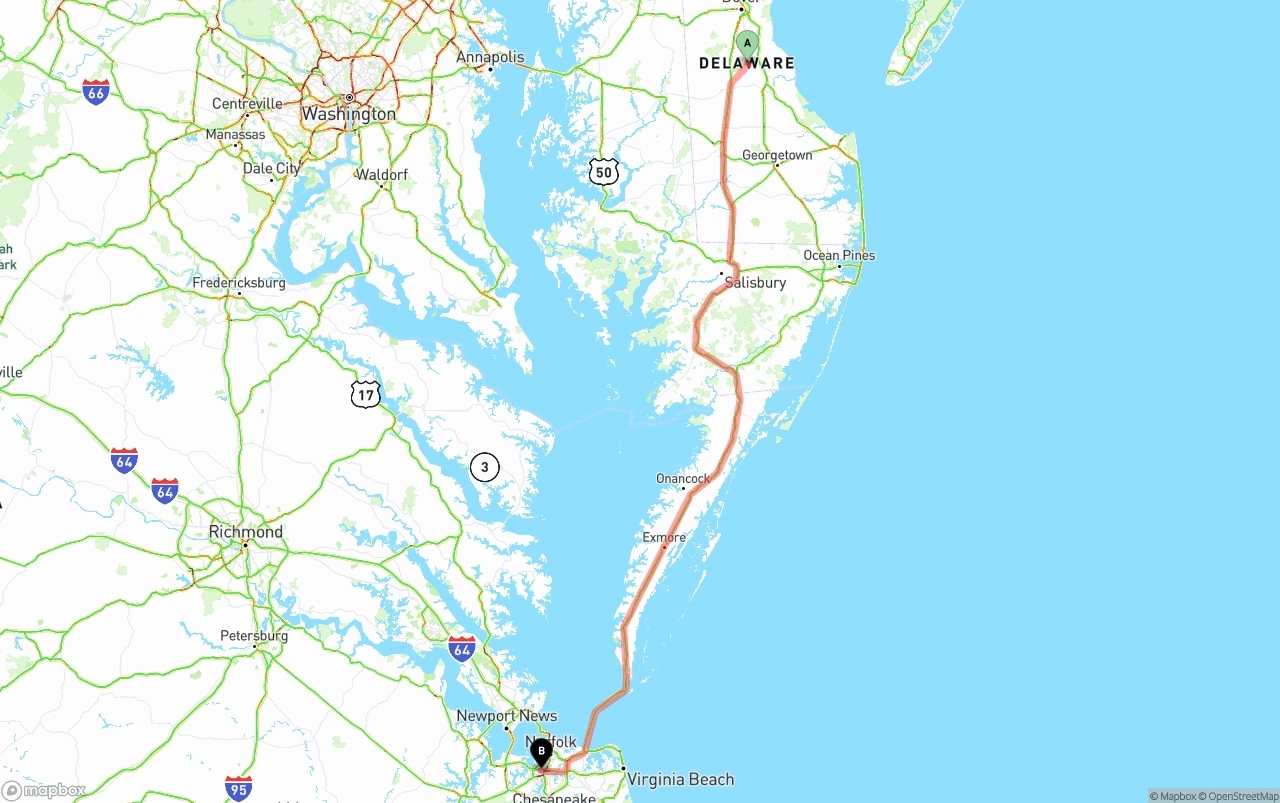 Shipping route from Delaware to Port of Norfolk