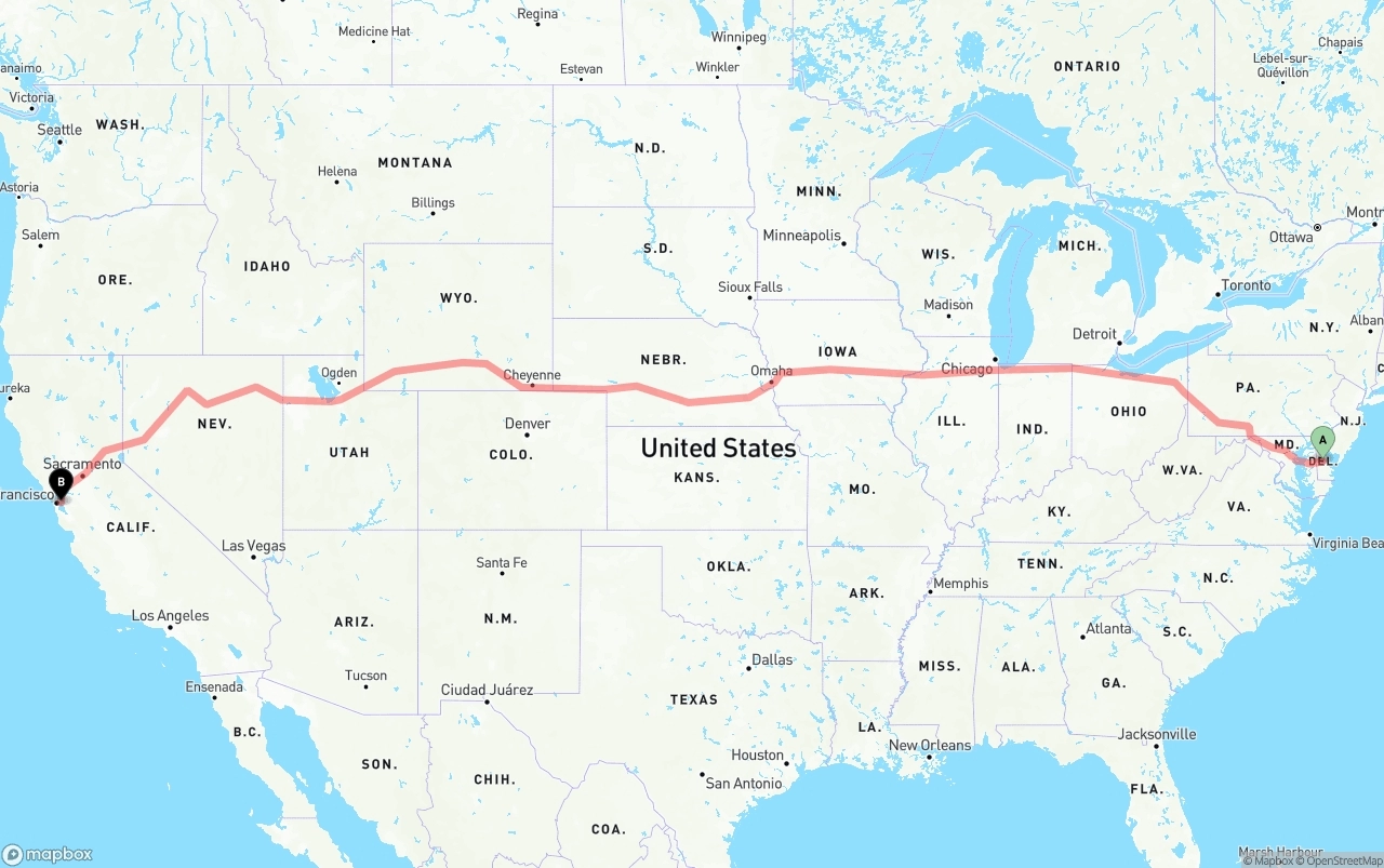 Shipping route from Delaware to Port of Oakland
