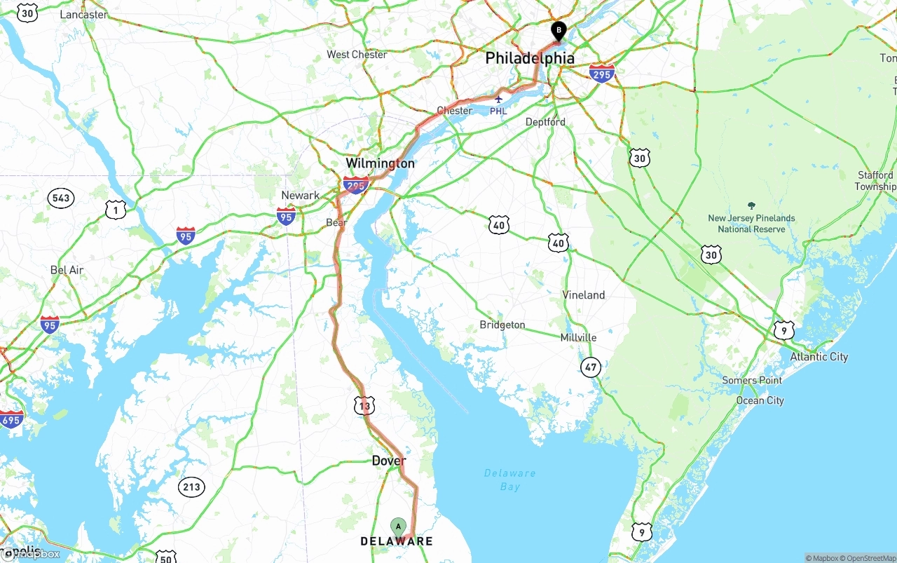 Shipping route from Delaware to Port of Philadelphia