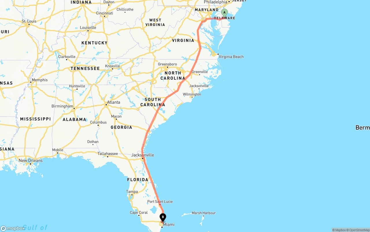 Shipping route from Delaware to Port of Port Everglades