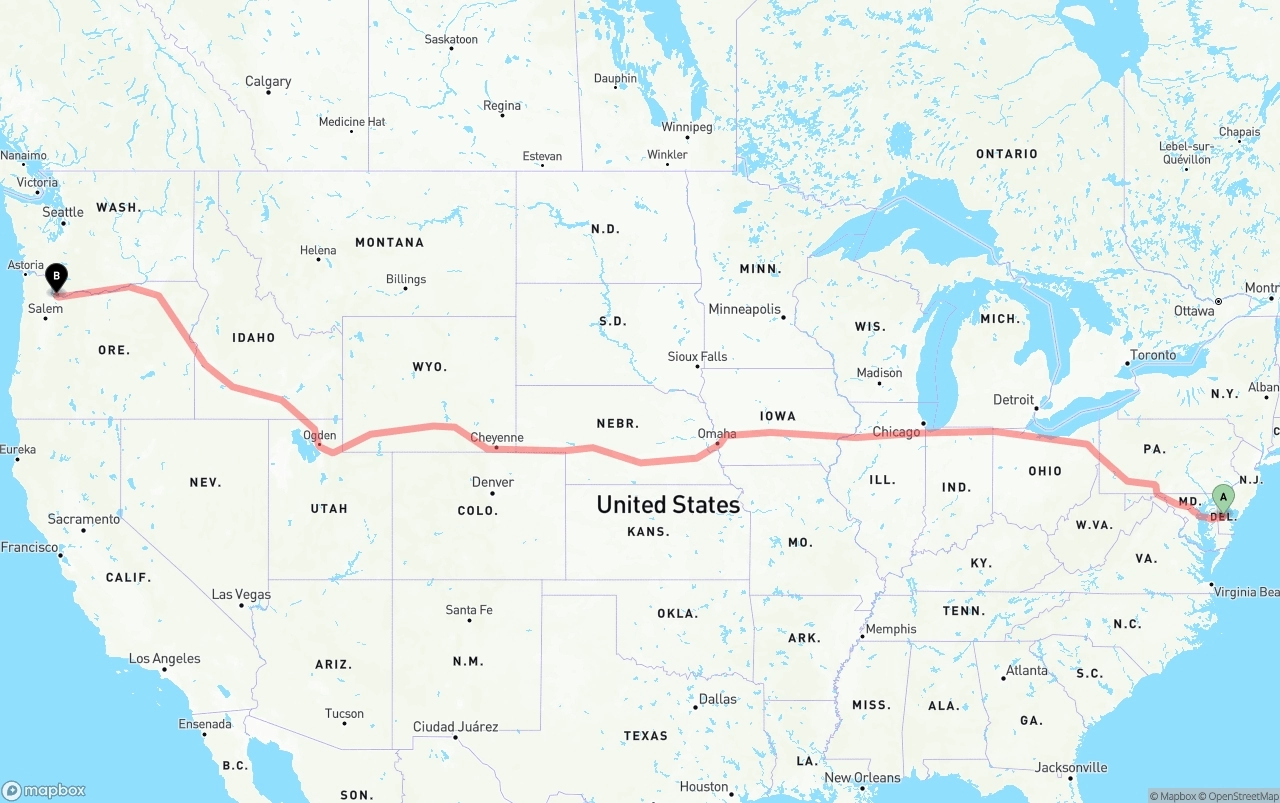 Shipping route from Delaware to Portland International Airport