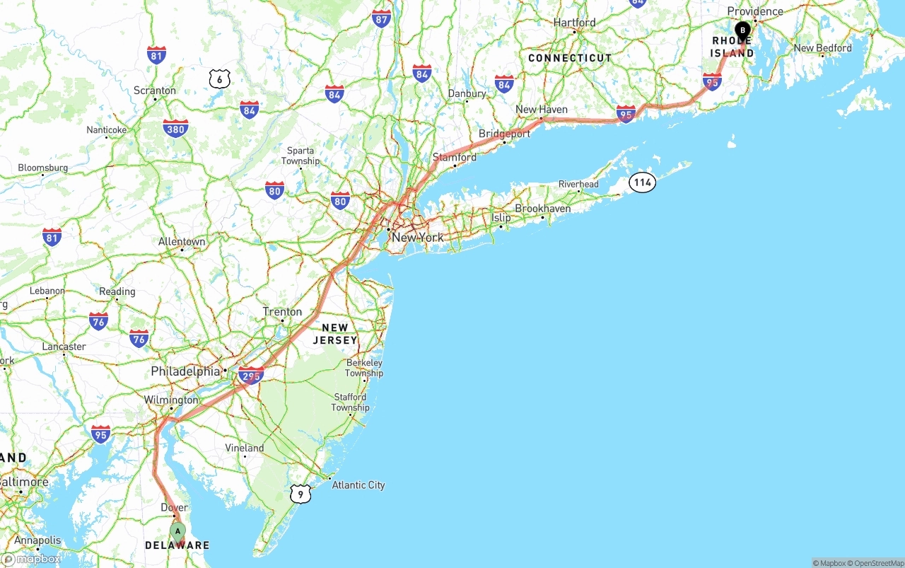 Shipping route from Delaware to Rhode Island