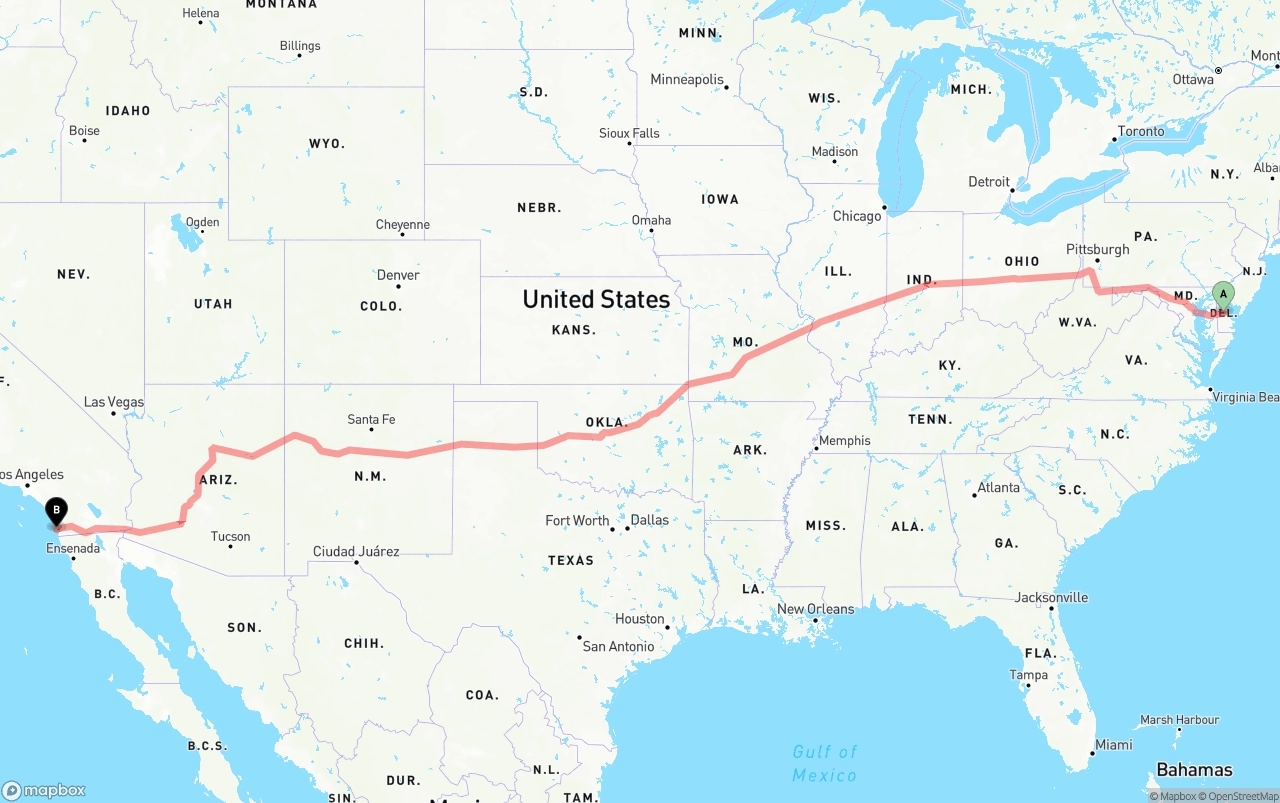 Shipping route from Delaware to San Diego International Airport