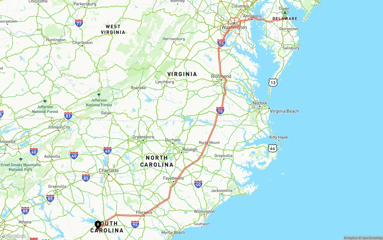 Shipping route from Delaware to South Carolina