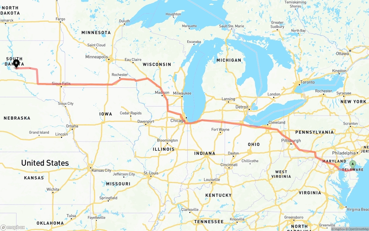 Shipping route from Delaware to South Dakota