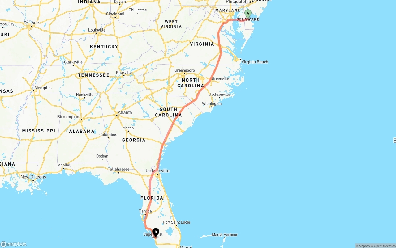 Shipping route from Delaware to Southwest Florida International Airport