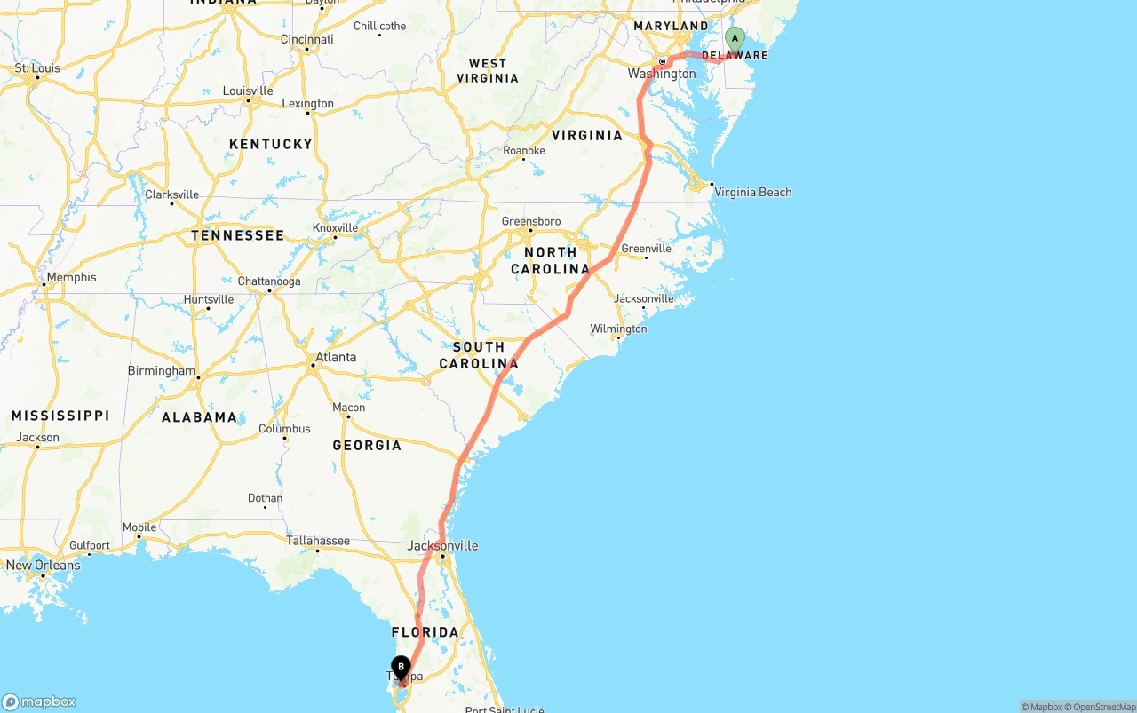 Shipping route from Delaware to Tampa International Airport