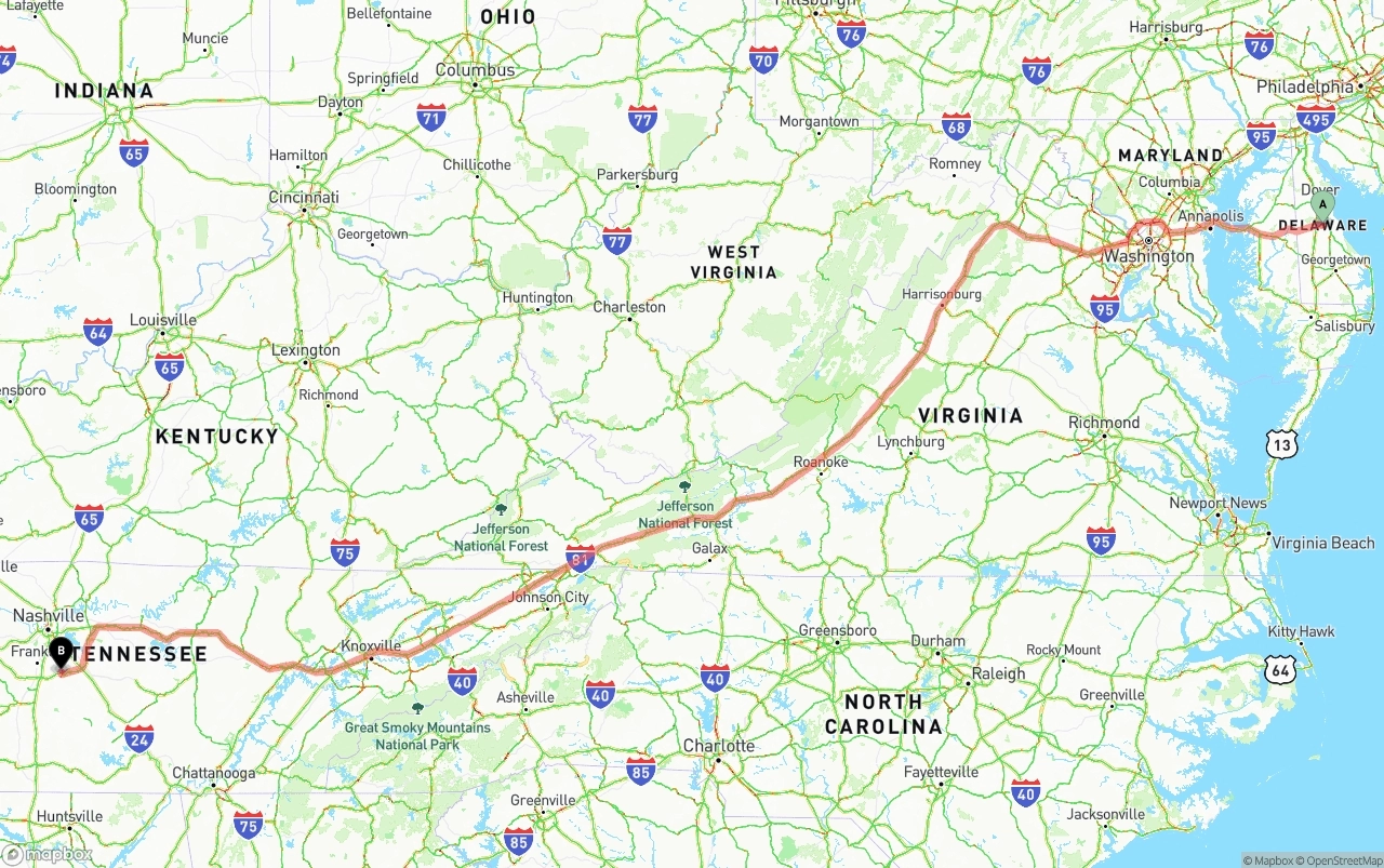 Shipping route from Delaware to Tennessee