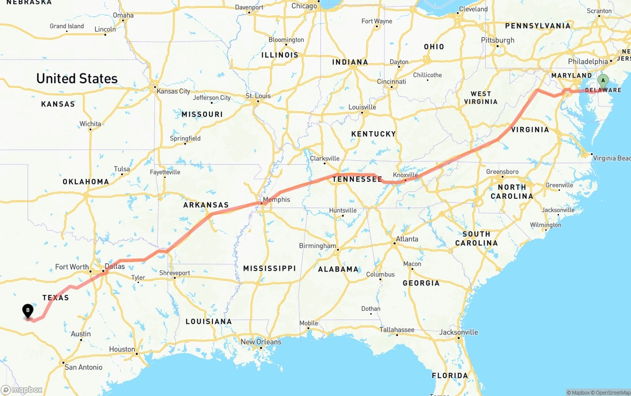 Shipping route from Delaware to Texas