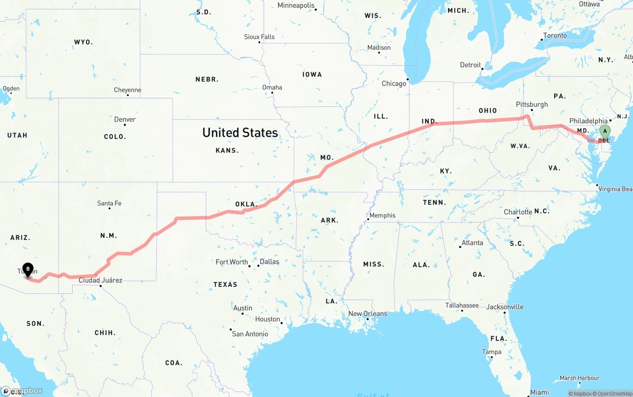 Shipping route from Delaware to Tucson International Airport