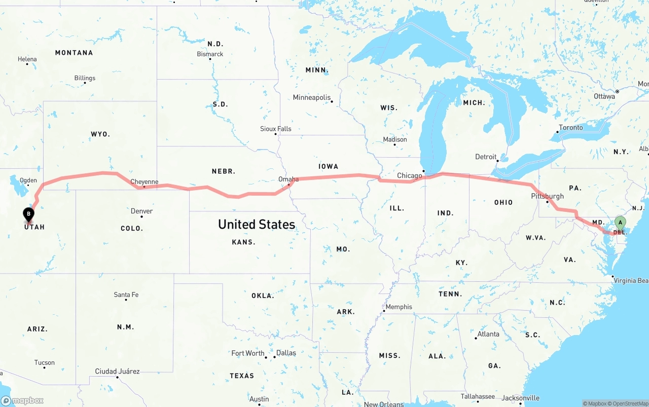 Shipping route from Delaware to Utah