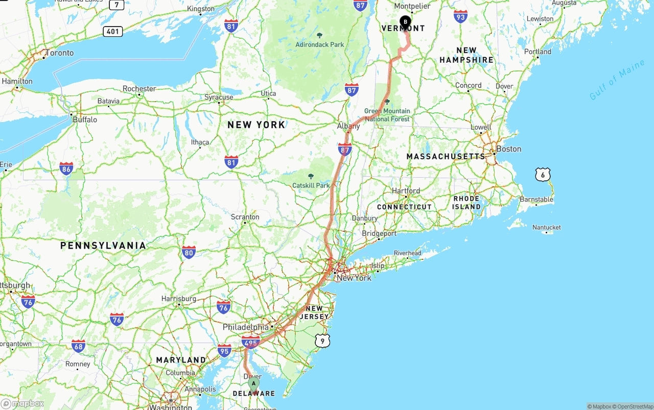 Shipping route from Delaware to Vermont