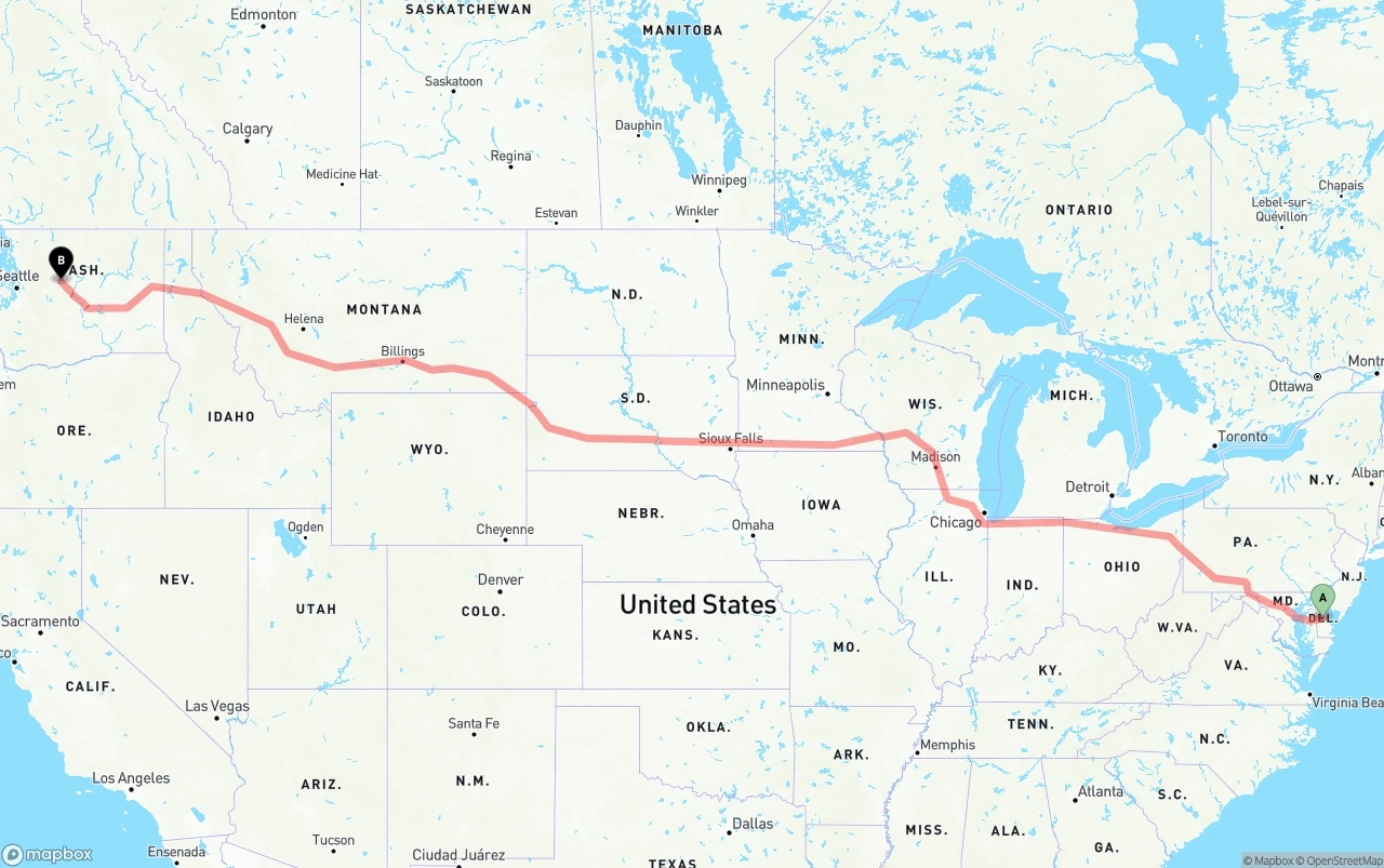 Shipping route from Delaware to Washington