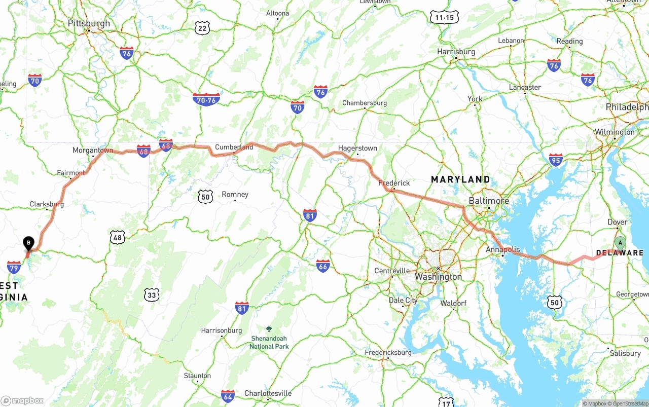 Shipping route from Delaware to West Virginia