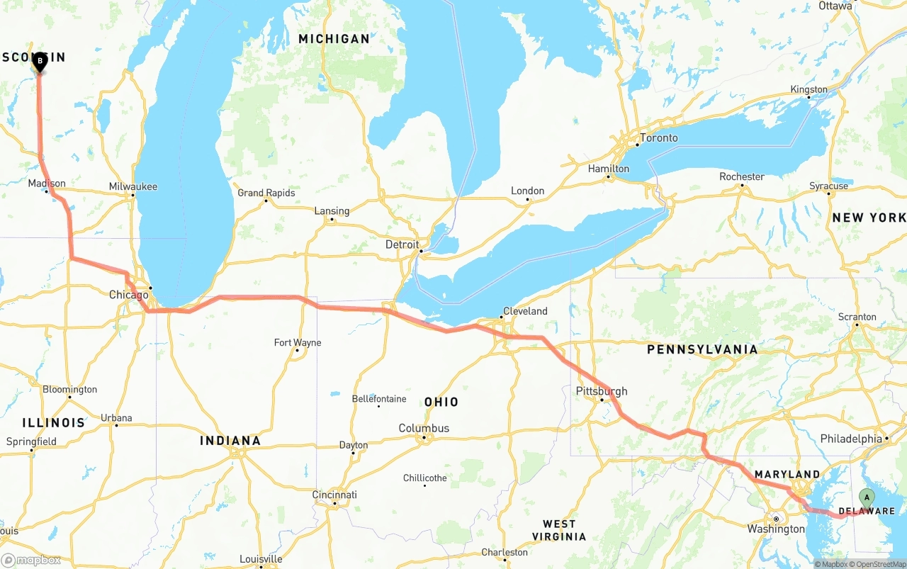 Shipping route from Delaware to Wisconsin
