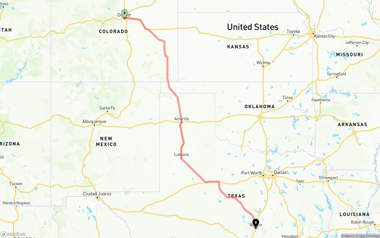 Shipping route from Denver to Austin