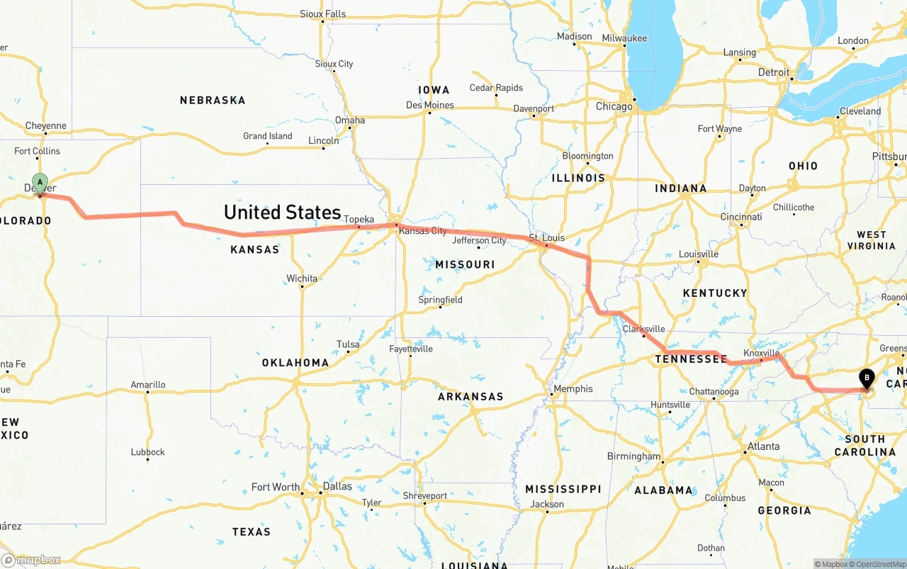 Shipping route from Denver to Charlotte