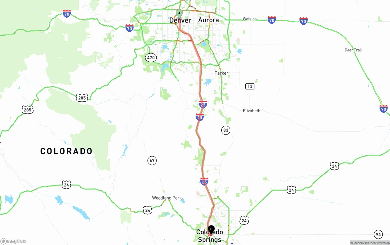 Shipping route from Denver to Colorado Springs