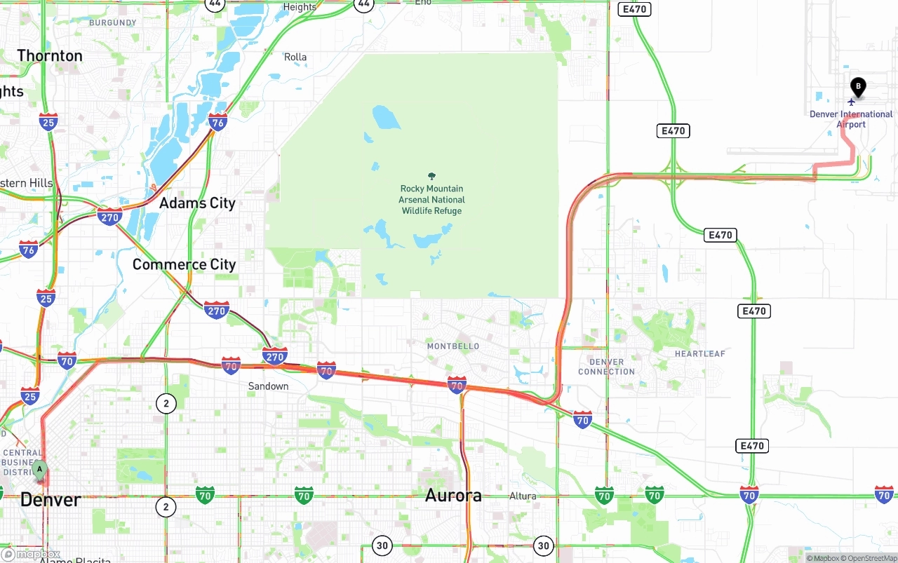 Shipping route from Denver to Denver International Airport