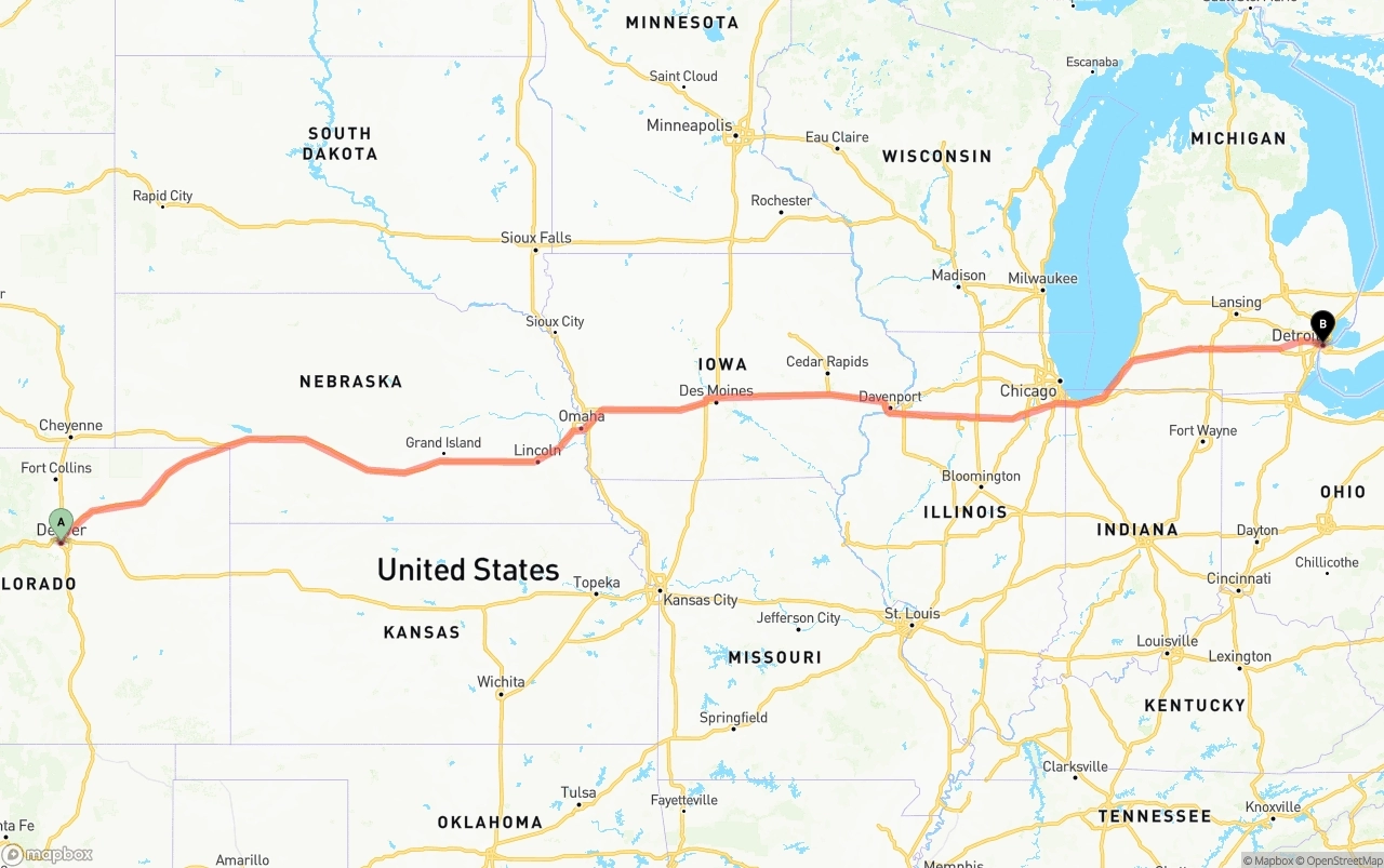 Shipping route from Denver to Detroit