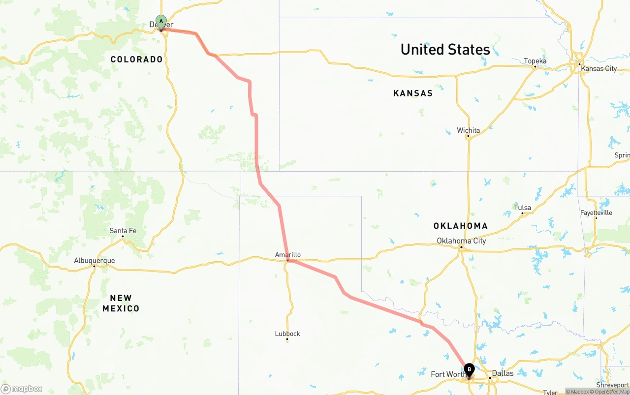 Shipping route from Denver to Fort Worth