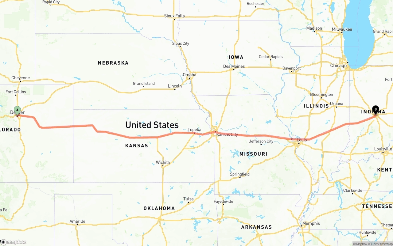 Shipping route from Denver to Indianapolis