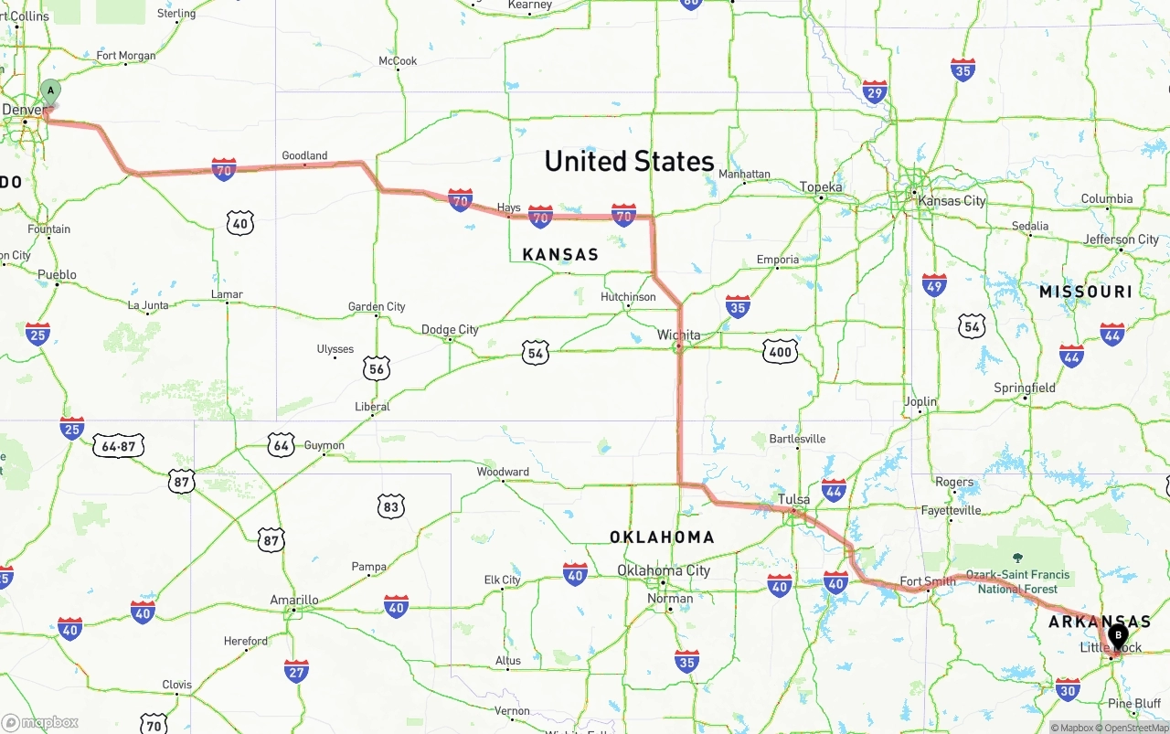 Shipping route from Denver International Airport to Arkansas