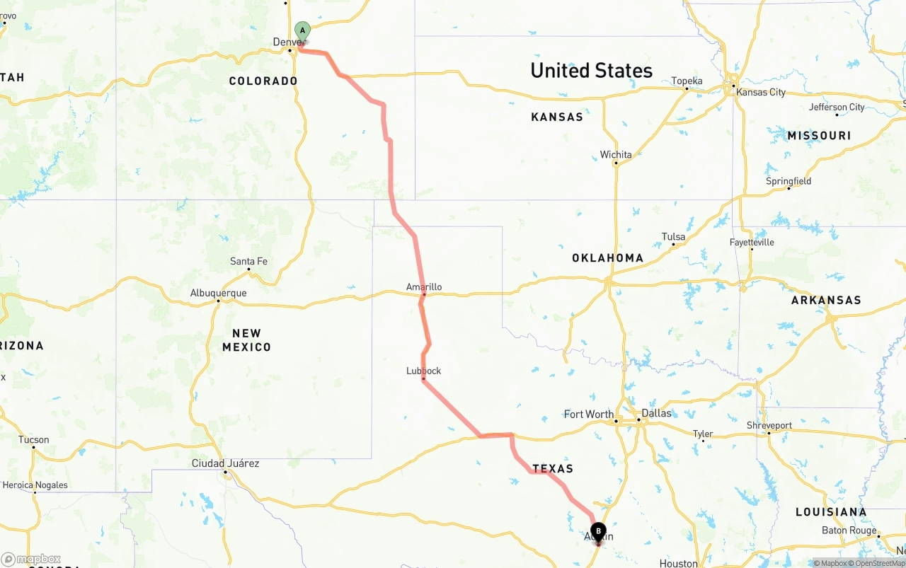 Shipping route from Denver International Airport to Austin