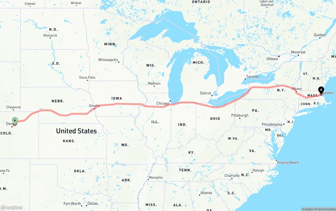 Shipping route from Denver International Airport to Boston