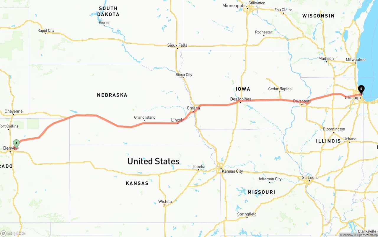 Shipping route from Denver International Airport to Chicago