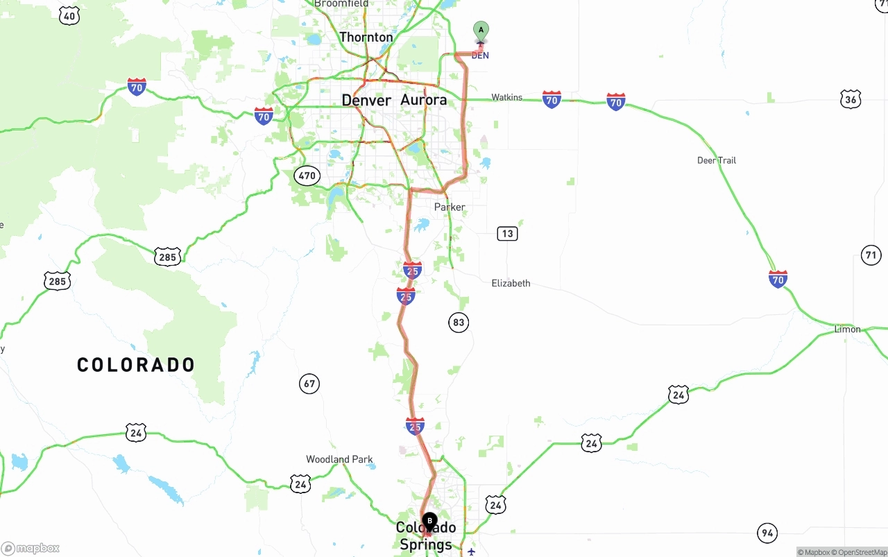 Shipping route from Denver International Airport to Colorado Springs