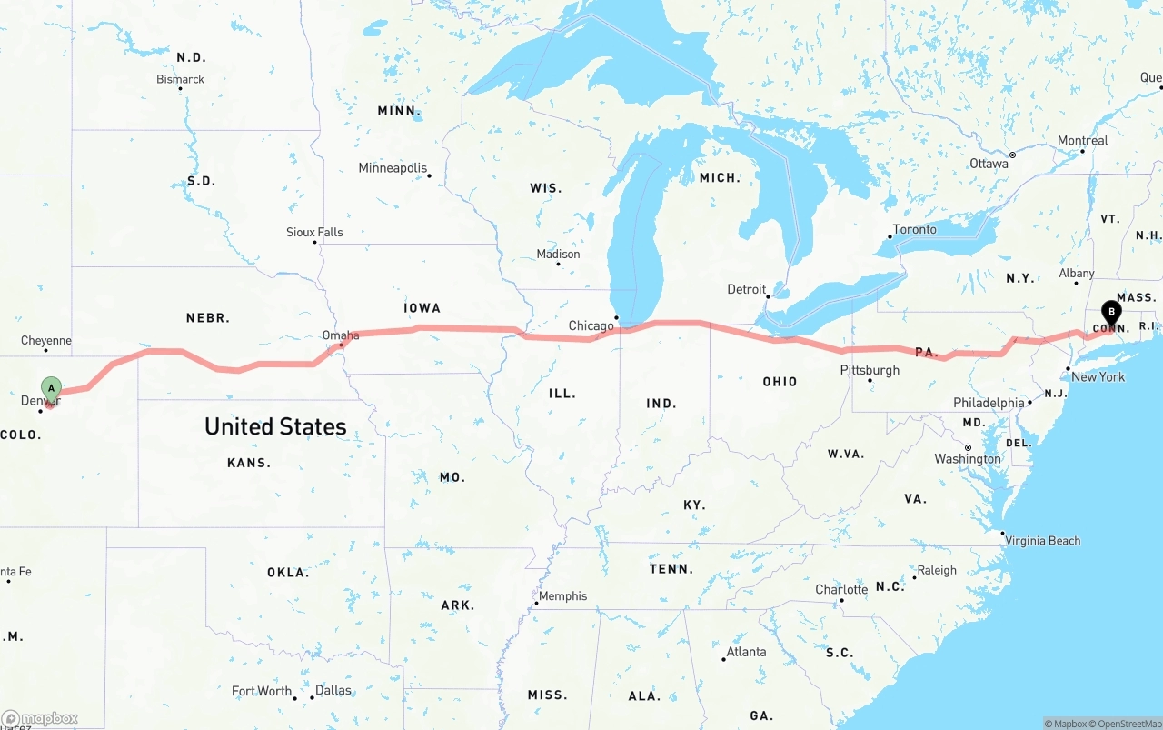 Shipping route from Denver International Airport to Connecticut