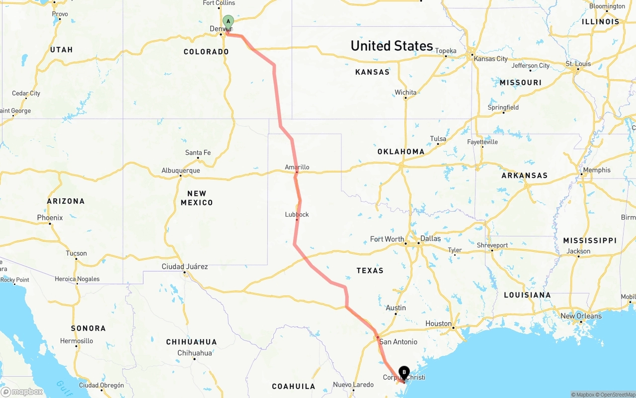 Shipping route from Denver International Airport to Corpus Christi