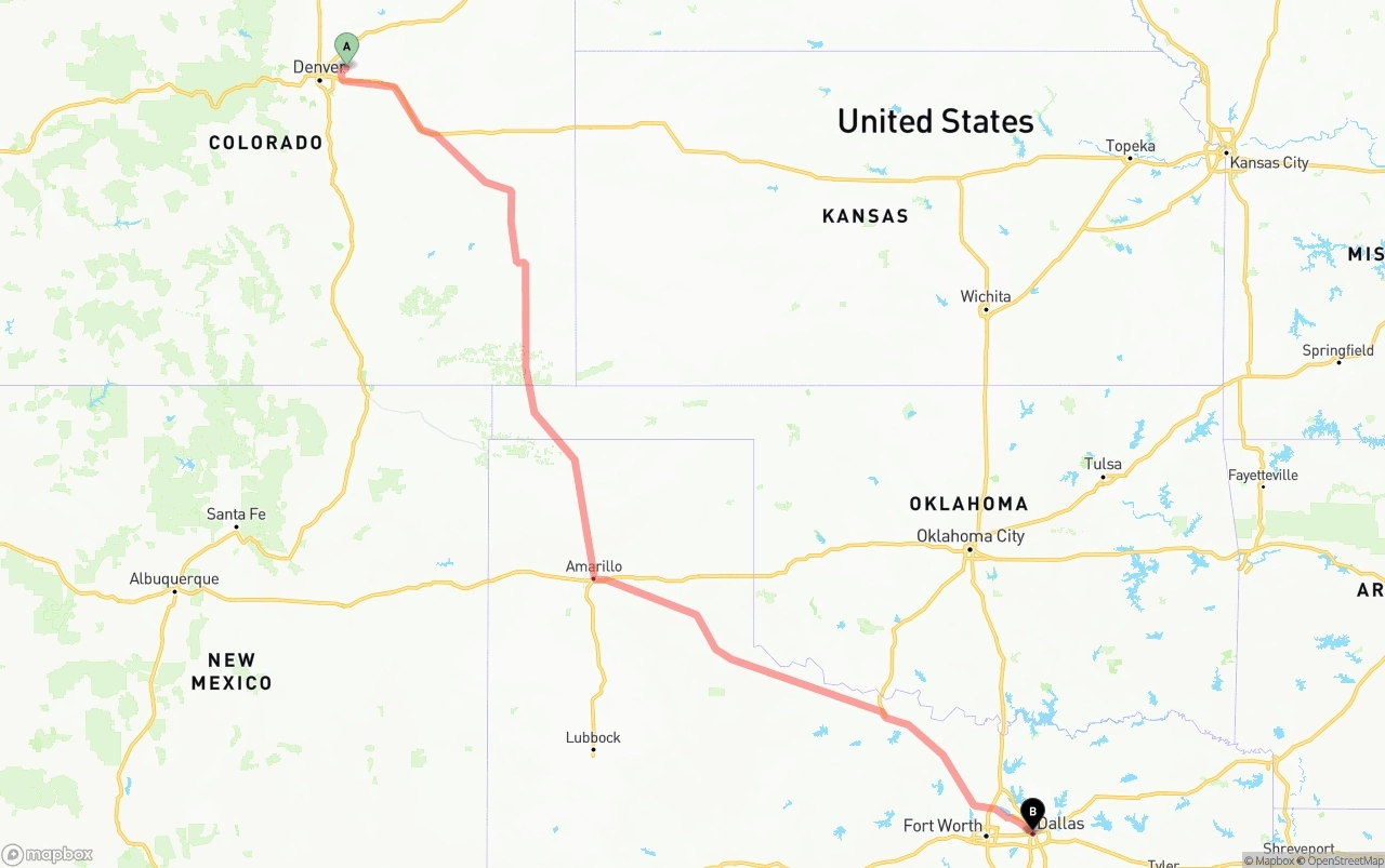 Shipping route from Denver International Airport to Dallas