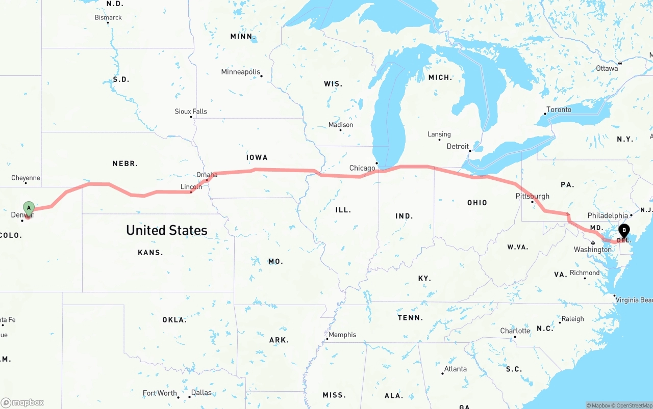 Shipping route from Denver International Airport to Delaware