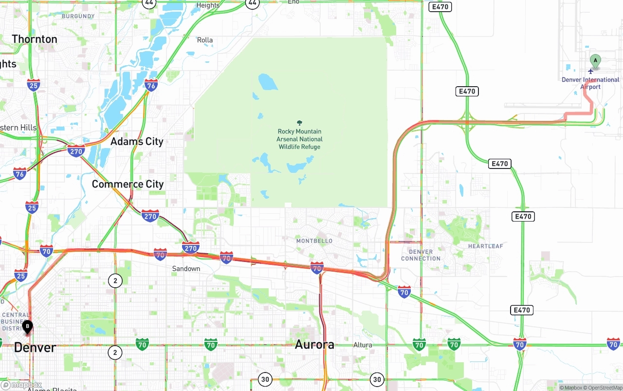 Shipping route from Denver International Airport to Denver