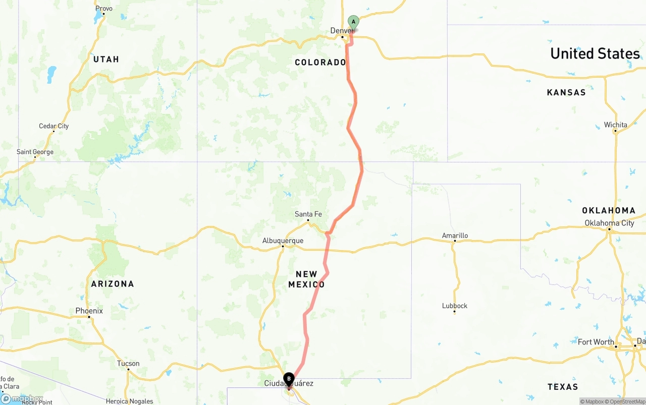 Shipping route from Denver International Airport to El Paso