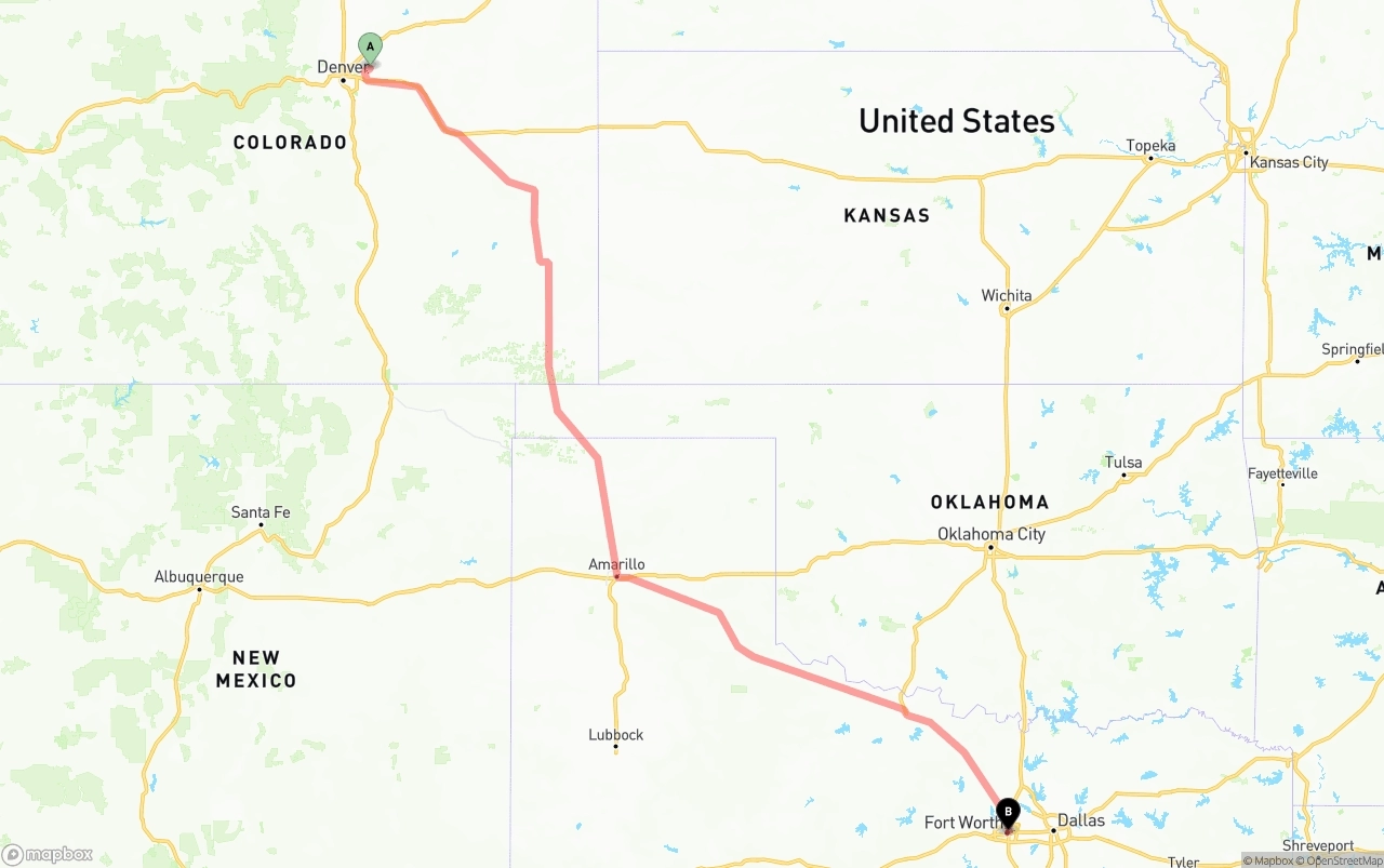 Shipping route from Denver International Airport to Fort Worth