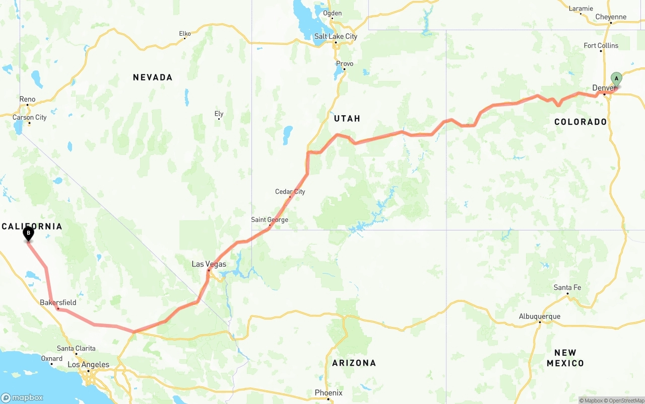Shipping route from Denver International Airport to Fresno