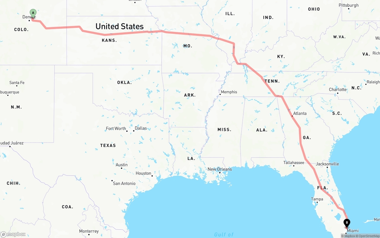 Shipping route from Denver International Airport to Ft. Lauderdale