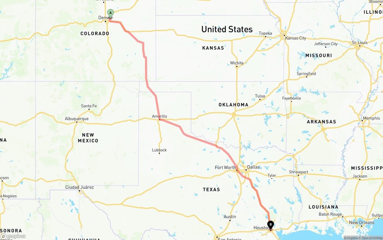Shipping route from Denver International Airport to Houston