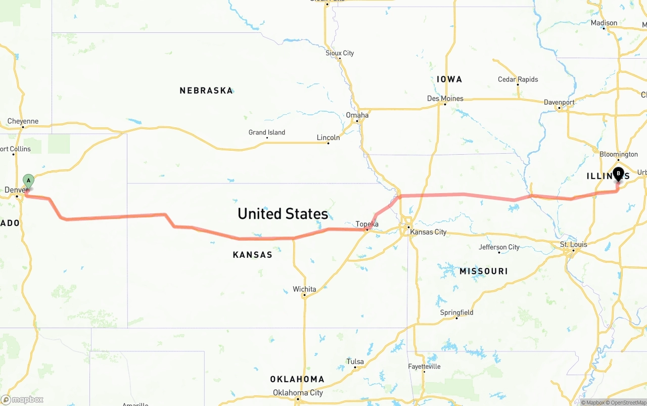 Shipping route from Denver International Airport to Illinois