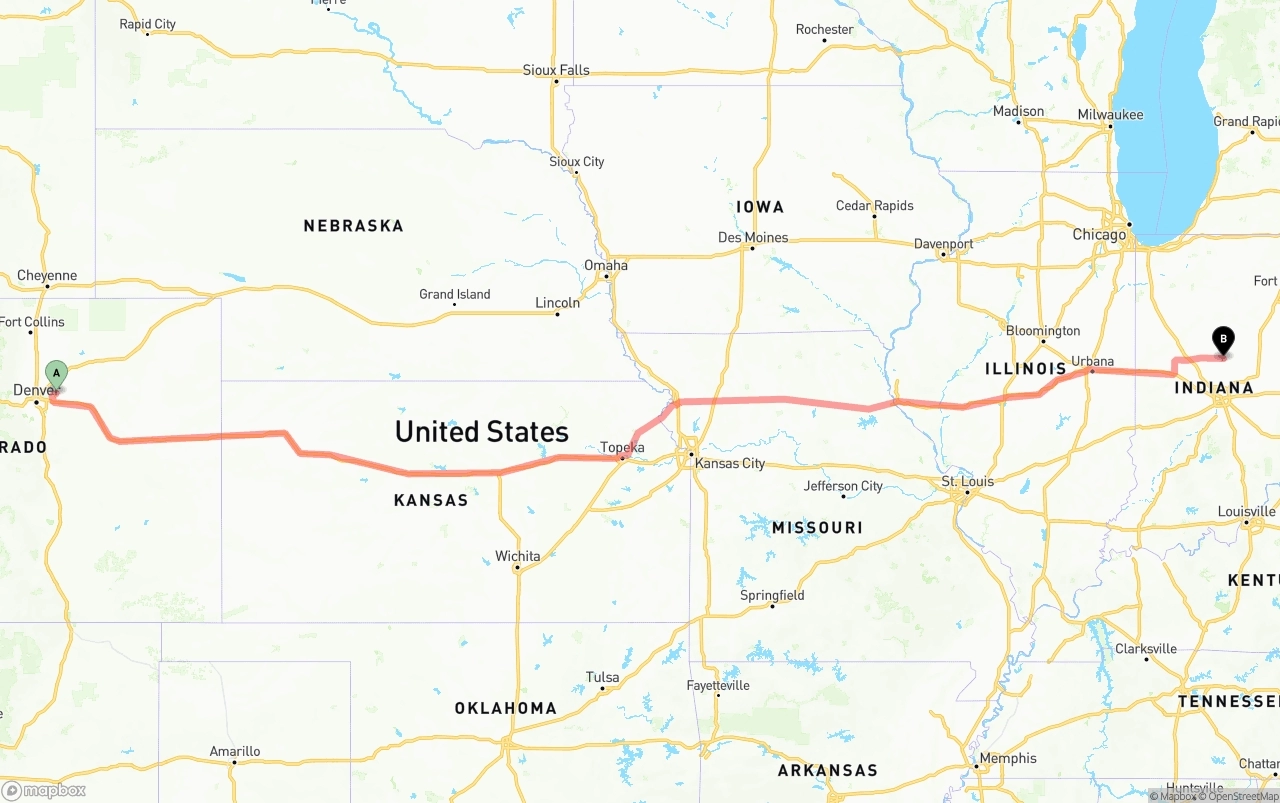 Shipping route from Denver International Airport to Indiana
