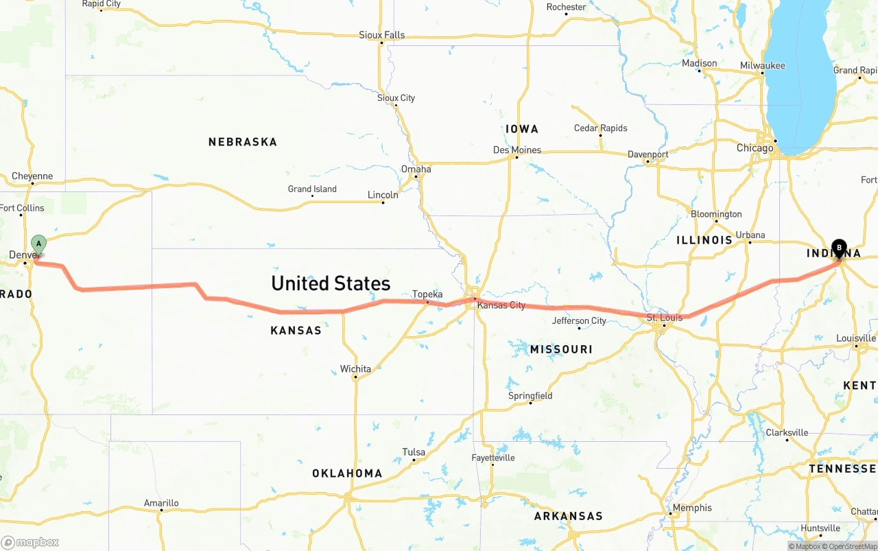 Shipping route from Denver International Airport to Indianapolis