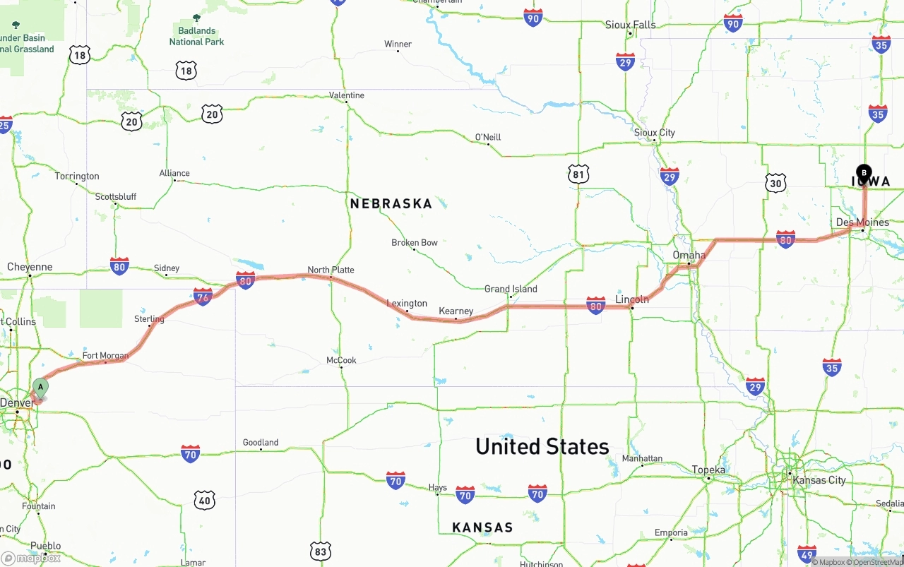 Shipping route from Denver International Airport to Iowa